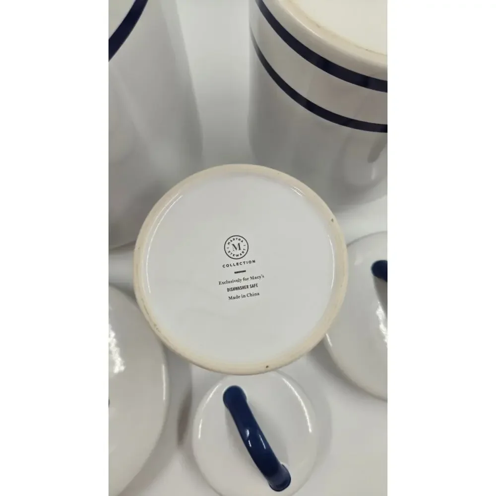 Martha Stewart Farmhouse White w/ Blue Stripe Ceramic Canister Set
